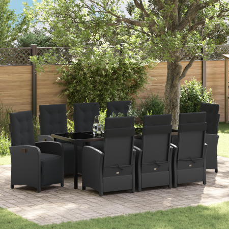 Set de Comedor de Jardín de 9 Piezas con Cojines Negros de Rattan Sintético de , Sillas de jardín - Ref: Foro24-3380315, Prec...
