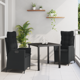 Set de Comedor de Jardín de 3 Piezas con Cojines Ratán Poliéster Negro