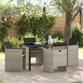 Juego de Comedor Jardín de 5 Piezas con Cojines Gris Claro Ratán Sintético de , Sillas de jardín - Ref: Foro24-3380610, Preci...