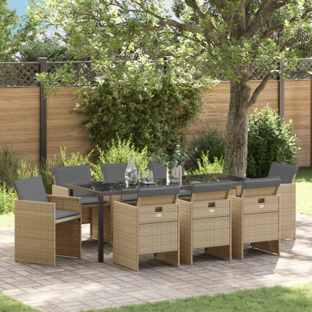 Juego de Comedor de Jardín de 9 Piezas con Cojines Beige Poliratán de , Sillas de jardín - Ref: Foro24-3380616, Precio: 463,0...