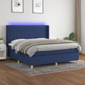 Cama box spring colchón y luces LED tela azul 180x200 cm