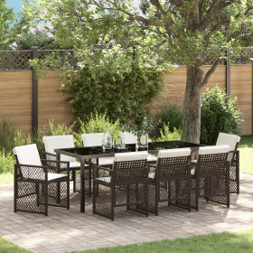 Conjunto de Comedor de Jardín  de 9 Piezas con Cojines Ratán Poliéster Marrón