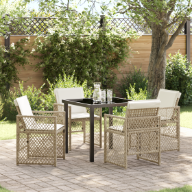 Conjunto de Comedor de Jardín de 5 Piezas con Cojines Beige Poliratán