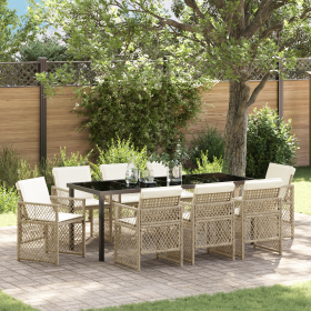 Conjunto de Comedor de Jardín de 9 Piezas con Cojines Beige de Ratán Sintético