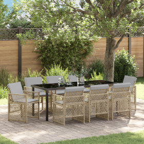 Juego de Comedor de Jardín de 9 Piezas con Cojines Beige de Ratan Poliéster de , Mesas de jardín - Ref: Foro24-3380644, Preci...