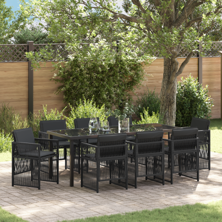Juego de Comedor de Jardín de 9 Piezas con Cojines Negro de Poliratán de , Mesas de jardín - Ref: Foro24-3380652, Precio: 479...