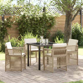 Juego de Comedor de Jardín de 5 Piezas con Cojines Beige Ratán de Polietileno
