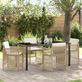 Juego de Comedor de Jardín de 5 Piezas con Cojines Beige de Ratán Polihuleado
