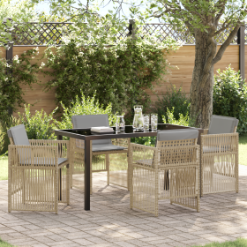 Juego de Comedor de Jardín de 5 Piezas con Cojines en Ratan Sintético Beige de , Mesas de jardín - Ref: Foro24-3380670, Preci...