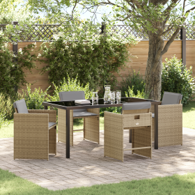 Conjunto de Comedor de Jardín  de 5 Piezas con Cojines Beige de Ratán Poliéster