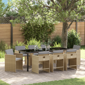 Juego de Comedor de Jardín de 9 Piezas con Cojines Beige de Ratán Sintético de , Sillas de jardín - Ref: Foro24-3380712, Prec...