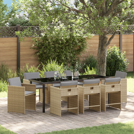 Juego de Comedor de Jardín de 9 Piezas con Cojines Beige de Ratán Sintético de , Sillas de jardín - Ref: Foro24-3380712, Prec...