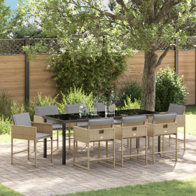 Conjunto de Comedor de Jardín de 9 Piezas con Cojines Beige de Poliratán
