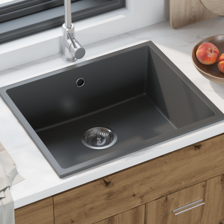 Fregadero de cocina con orificio de desbordamiento en granito gris de , Fregaderos - Ref: Foro24-4012348, Precio: 163,62 €