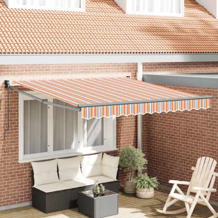 Toldo retráctil manual con rayas multicolor 350x250 cm de , Toldos - Ref: Foro24-3330295, Precio: 222,39 €, Descuento: %