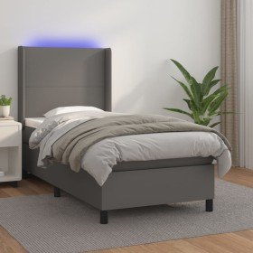 Cama box spring colchón y LED cuero sintético gris 100x200 cm Cama box spring colchón y LED cuero sintético gris 100x200 cm