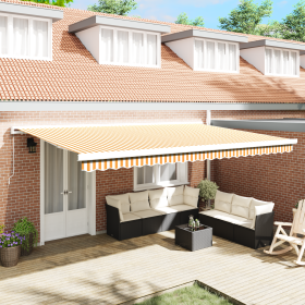 Toldo retráctil manual naranja y blanco 500x300 cm de , Toldos - Ref: Foro24-3331205, Precio: 595,30 €, Descuento: %