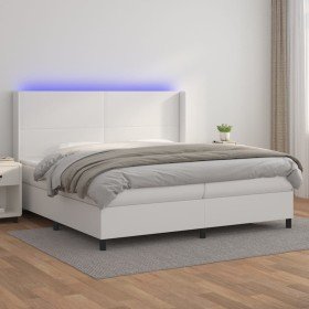 Cama box spring colchón y LED cuero sintético blanco 200x200 cm Cama box spring colchón y LED cuero sintético blanco 200x200 cm
