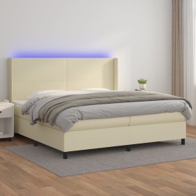Cama box spring colchón y LED cuero sintético crema 200x200 cm
