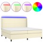 Cama box spring colchón y LED cuero sintético crema 200x200 cm