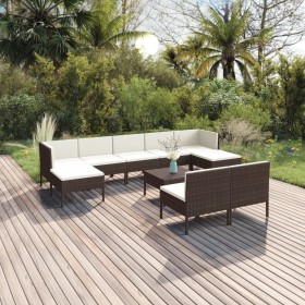 Set muebles de jardín 10 pzas y cojines ratán sintético marrón