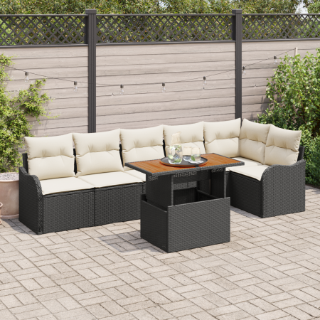 Conjunto de Sofás de Jardín  de 7 Piezas con Cojines Negro Poliratán Acacia | Foro24.es | Tu tienda online para hogar, jardín y más Foro24.es