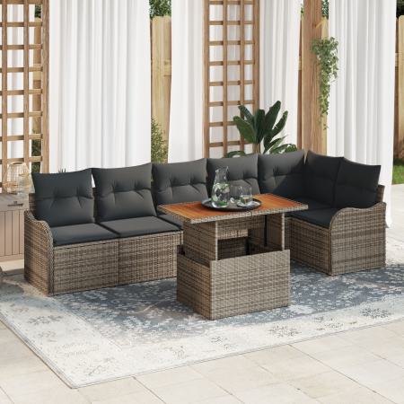 Conjunto de Sofá de Jardín de 7 Piezas con Cojines Gris Polirratán Acacia de , Sofás de exterior - Ref: Foro24-3349467, Preci...