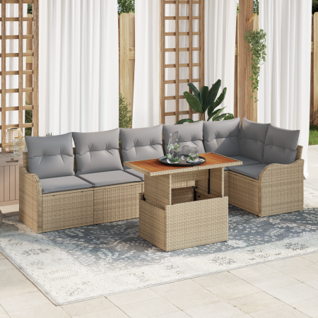 Juego de Sofá de Jardín de 7 Piezas con Cojines Beige Ratán Poli Acacia | Foro24.es | Tu tienda online para hogar, jardín y más Foro24.es