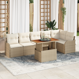 Juego de Sofá de Jardín de 7 Piezas con Cojines Beige Ratán Sintético Acacia de , Sofás de exterior - Ref: Foro24-3349469, Pr...