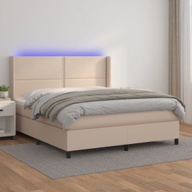 Cama box spring colchón LED cuero sintético capuchino 180x200cm