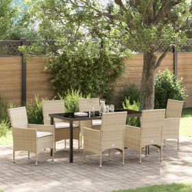Juego de Comedor de Jardín de 7 Piezas con Cojines Beige