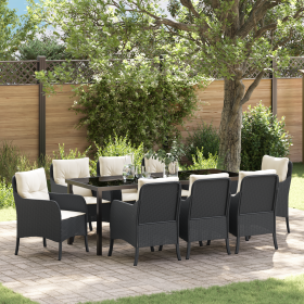 Conjunto de Comedor de Jardín de 9 Piezas con Cojines Negro rattan Poliéster de , Sillas de jardín - Ref: Foro24-3380147, Pre...