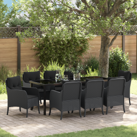 Conjunto de Comedor de Jardín de 9 Piezas con Cojines Negro de Ratán Poliéster de , Sillas de jardín - Ref: Foro24-3380154, P...