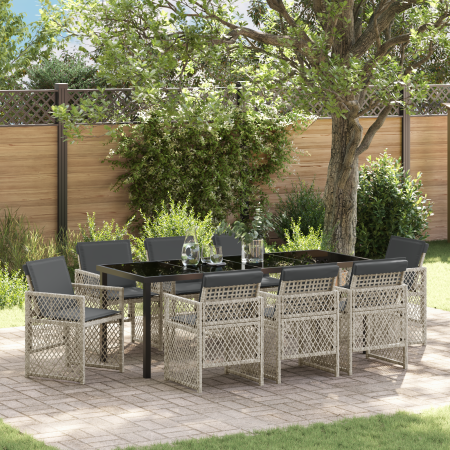 Conjunto de Comedor de Jardín de 9 Piezas con Cojines de Ratán Poli Gris Claro de , Mesas de jardín - Ref: Foro24-3380640, Pr...