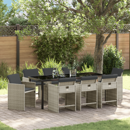 Juego de Comedor de Jardín de 9 Piezas con Cojines Gris Claro Ratan Poliéster de , Sillas de jardín - Ref: Foro24-3380708, Pr...