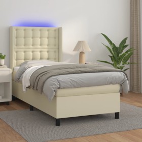 Cama box spring colchón y LED cuero sintético crema 100x200 cm