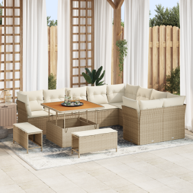 Conjunto de Sofá de Jardín de 12 Piezas con Cojines Beige Ratán de Polietileno Acacia