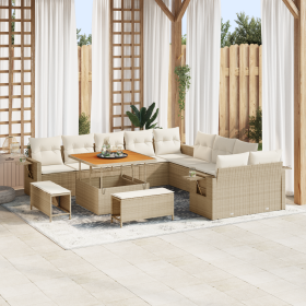Conjunto de Sofás de Jardín  de 13 Piezas con Cojines Beige de Poliratán Acacia
