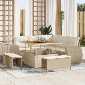 Conjunto de Sofás de Jardín de 8 Piezas con Cojines Beige Ratán Poliéster