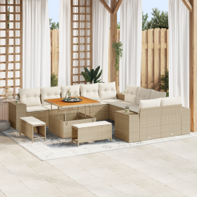 Juego de Sofá de Jardín  de 13 Piezas con Cojines Beige Polirratán Acacia