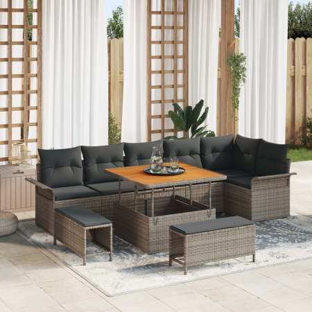 Juego de Sofás de Jardín de 9 Piezas con Cojines Gris Poliratán Acacia | Foro24.es | Tu tienda online para hogar, jardín y más Foro24.es