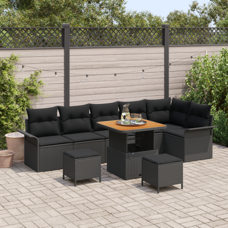 Conjunto de sofá de jardín de 9 piezas  con cojines, ratán versátil negro y acacia | Foro24.es | Tu tienda online para hogar, jardín y más Foro24.es