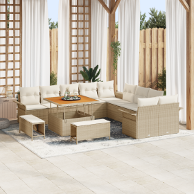 Juego de Sofá de Jardín de 13 Piezas con Cojines Beige Poliratán Acacia