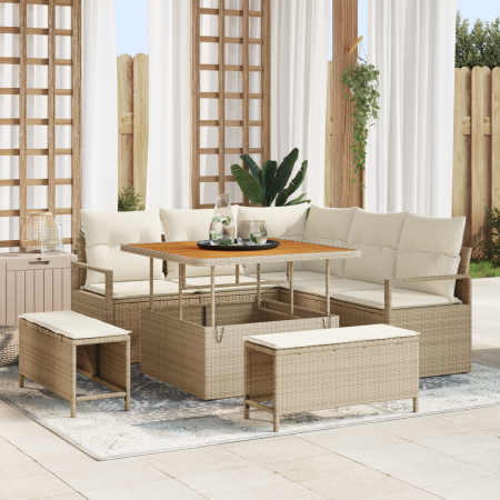 Conjunto de Sofá de Jardín de 8 Piezas con Cojines Beige Ratán Poli Acacia | Foro24.es | Tu tienda online para hogar, jardín y más Foro24.es