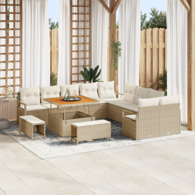 Conjunto de Sofá de Jardín de 13 piezas  con Cojines Beige Poliratán Acacia