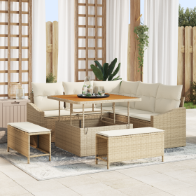 Juego de Sofá de Jardín de 8 Piezas con Cojines Beige Poliratán