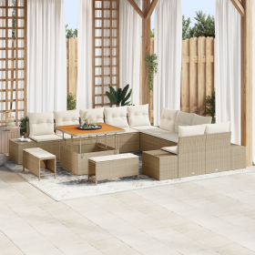 Juego de Sofá de Jardín  de 13 Piezas con Cojines Beige Poliratán Acacia
