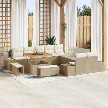 Juego de Sofá de Jardín  de 13 Piezas con Cojines Beige Poliratán Acacia | Foro24.es | Tu tienda online para hogar, jardín y más Foro24.es