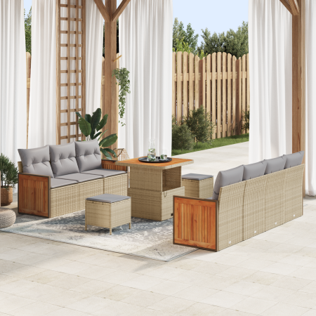Juego de Sofás de Jardín de 10 Piezas con Cojines Beige Ratan Poly Acacia | Foro24.es | Tu tienda online para hogar, jardín y más Foro24.es
