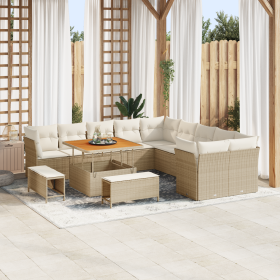 Conjunto de Sofá de Jardín de 13 Piezas con Cojines Beige Ratán Poliéster Acacia de , Sofás de exterior - Ref: Foro24-3363486...